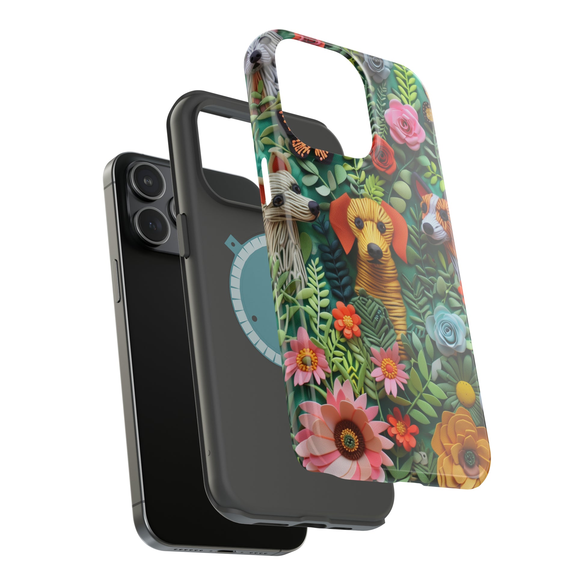 MagSafe Tough Case - Dogs and Flowers Embroidered Fabric 3D Design Dog iPhone Case - Pets on Merch
