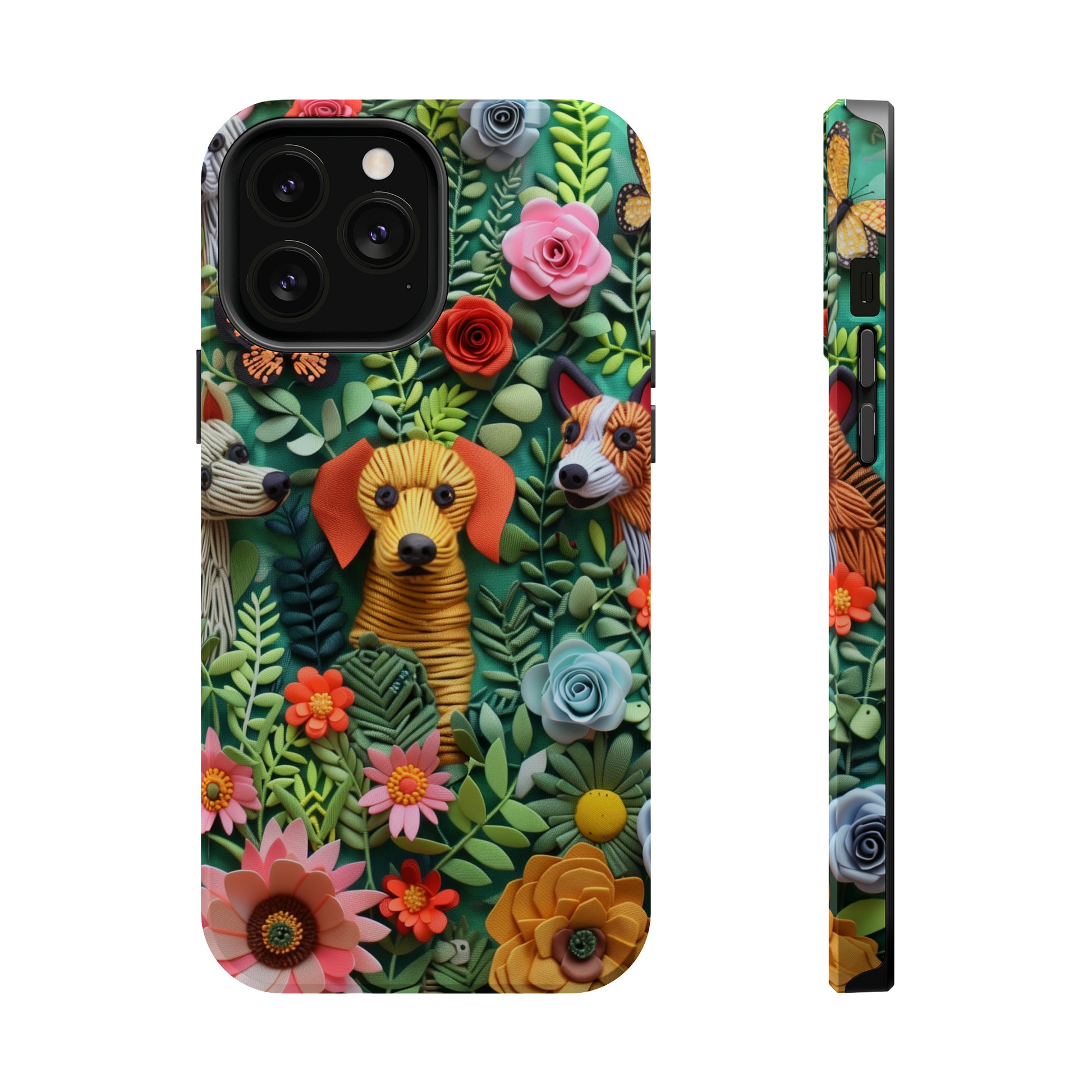 MagSafe Tough Case - Dogs and Flowers Embroidered Fabric 3D Design Dog iPhone Case - Pets on Merch