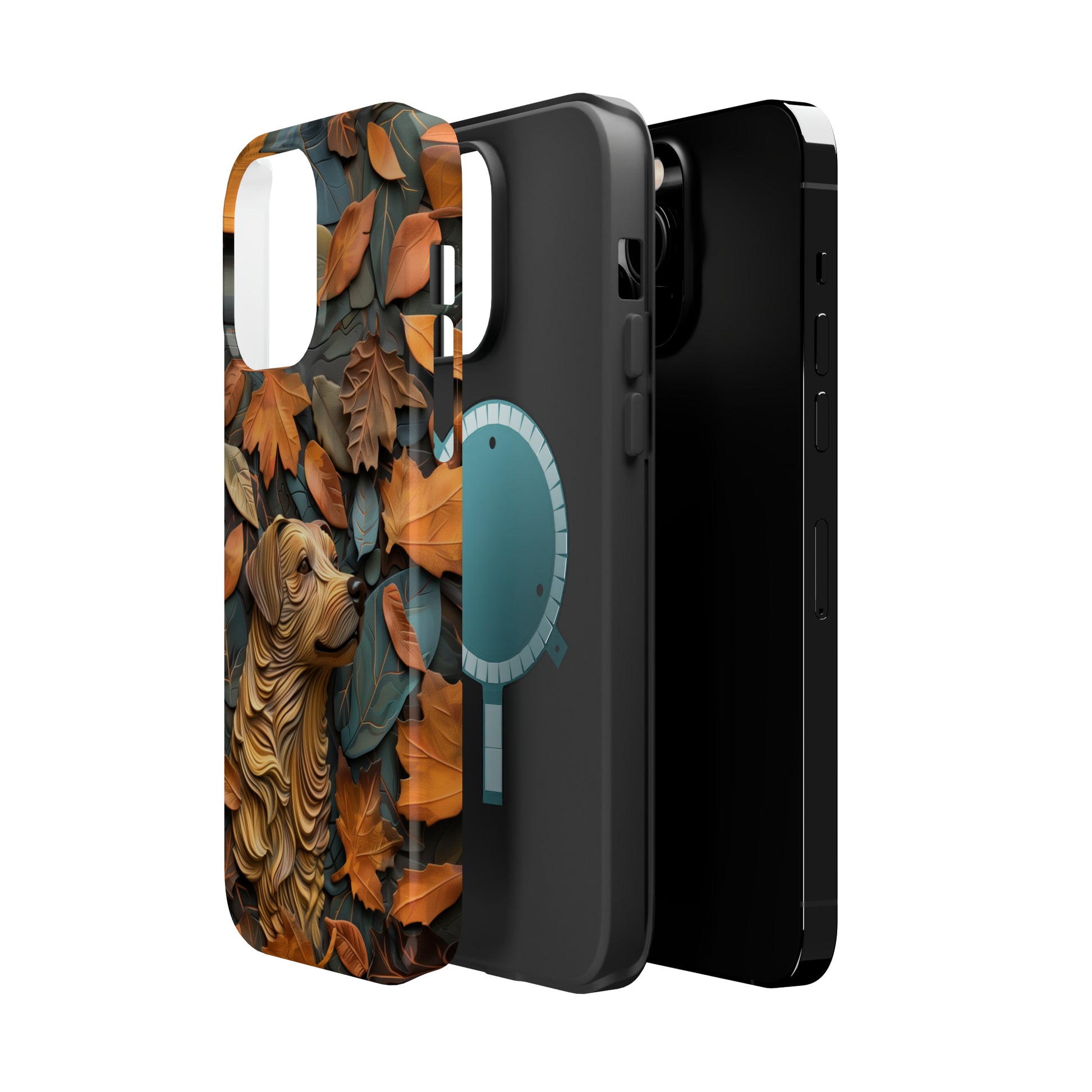 MagSafe Tough Case - Dog and Autumn Leaves Wood Carving Design Dog iPhone Case - Pets on Merch