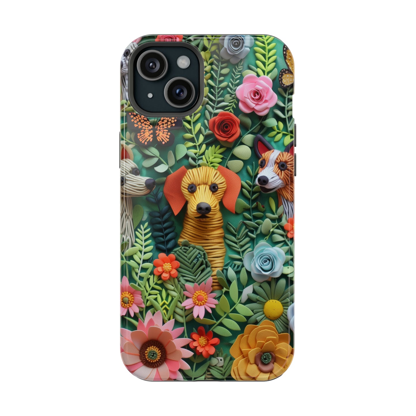 MagSafe Tough Case - Dogs and Flowers Embroidered Fabric 3D Design Dog iPhone Case - Pets on Merch