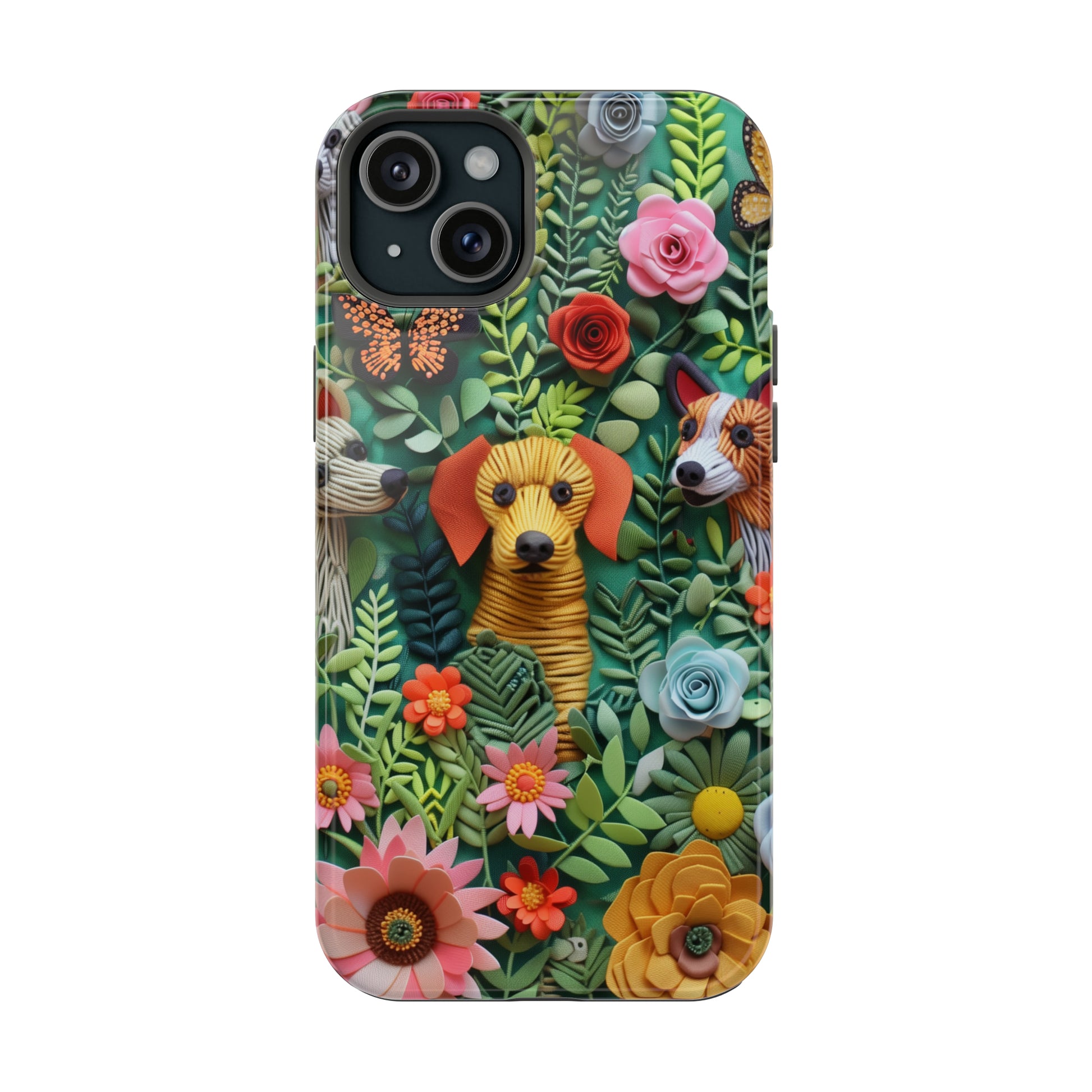 MagSafe Tough Case - Dogs and Flowers Embroidered Fabric 3D Design Dog iPhone Case - Pets on Merch