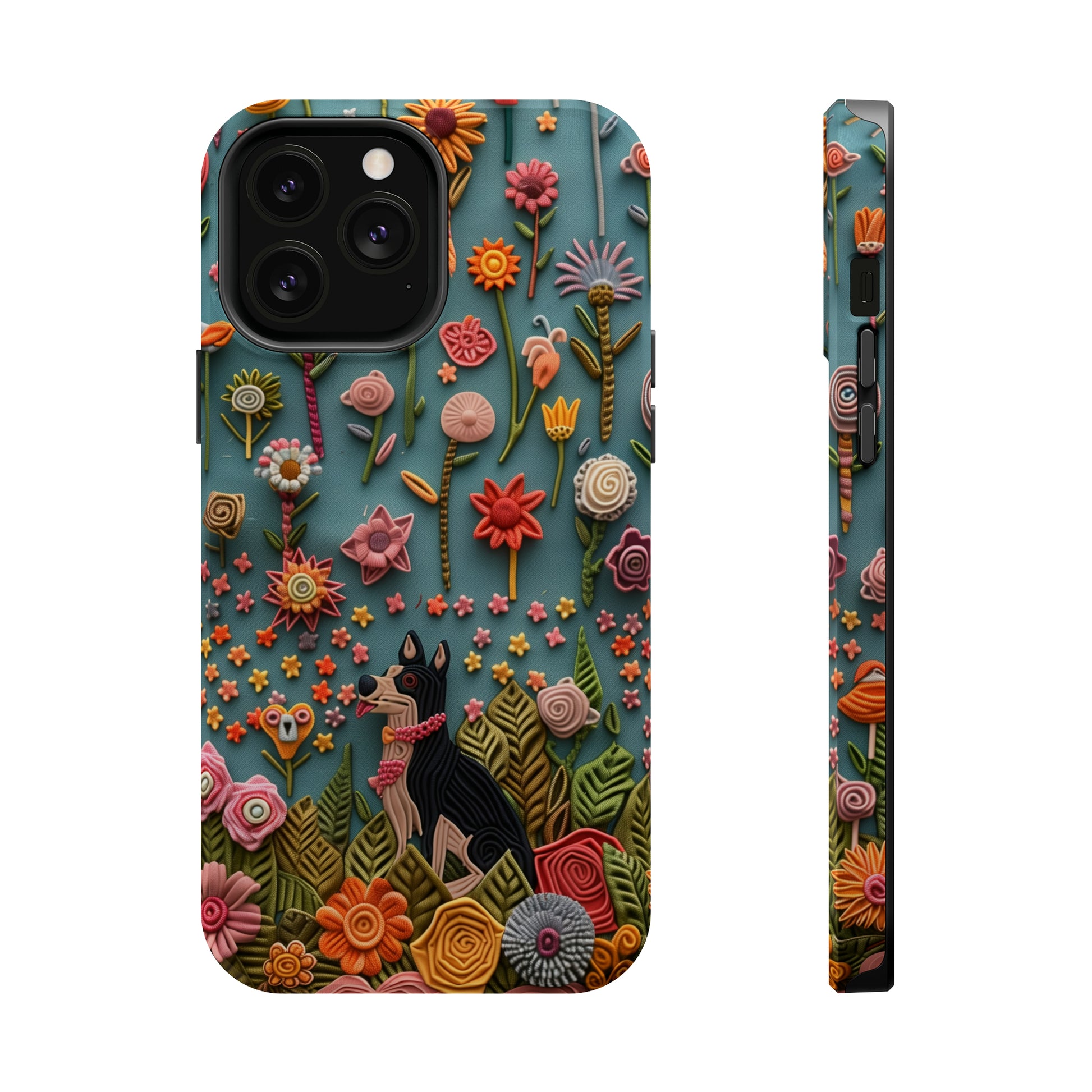 MagSafe Tough Case - Dog and Flowers 3D Embroidered Design Dog iPhone Case - Pets on Merch