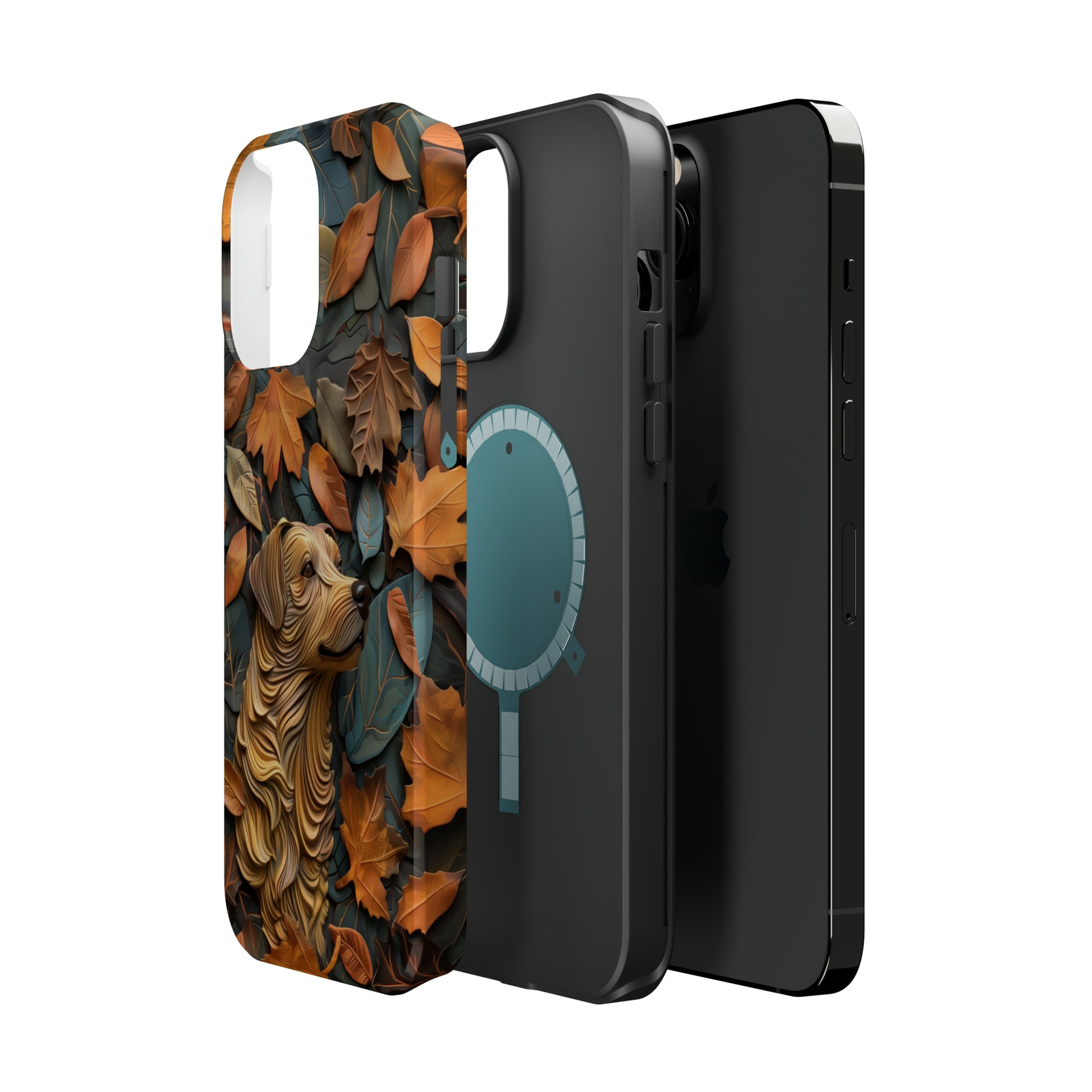MagSafe Tough Case - Dog and Autumn Leaves Wood Carving Design Dog iPhone Case - Pets on Merch