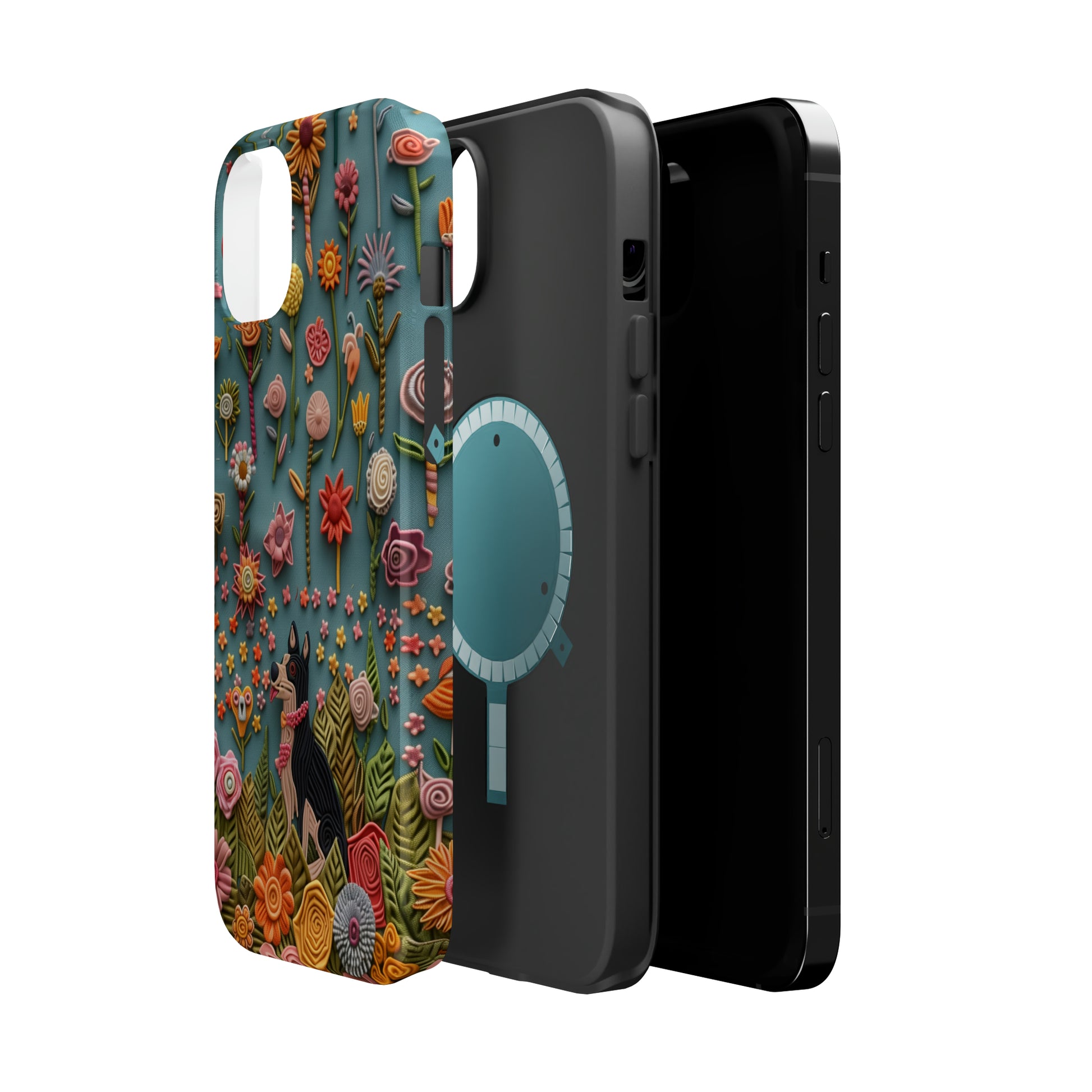 MagSafe Tough Case - Dog and Flowers 3D Embroidered Design Dog iPhone Case - Pets on Merch