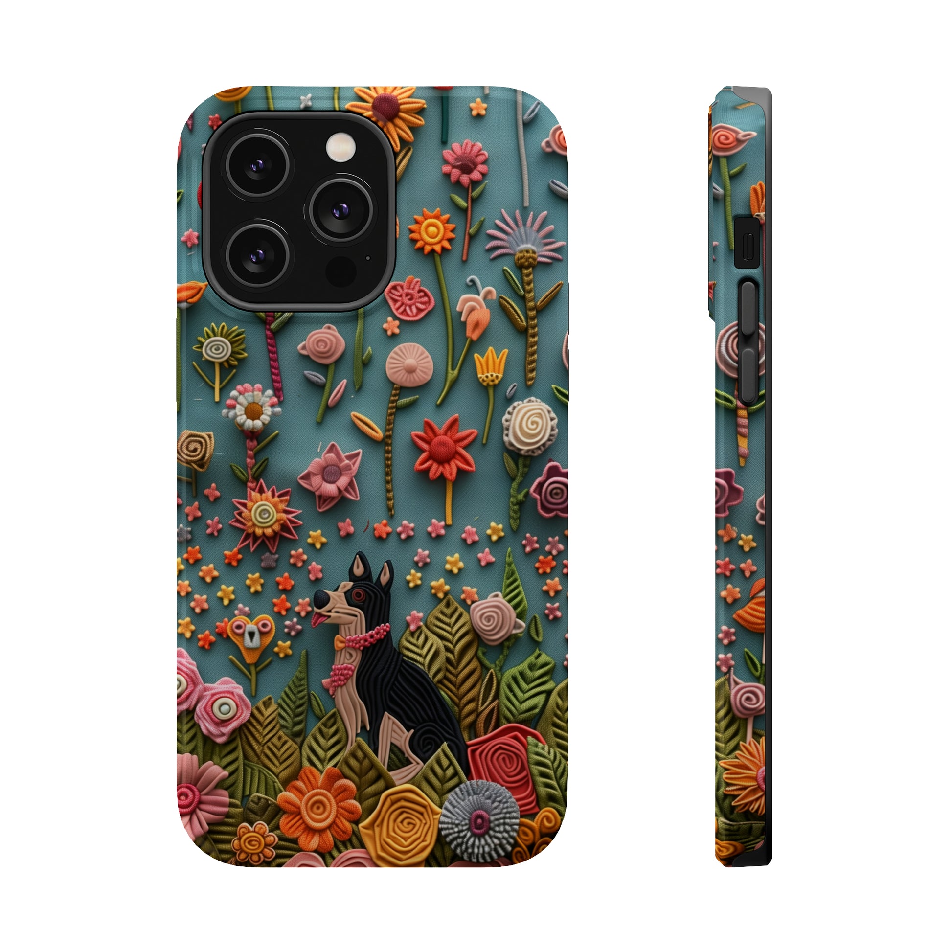 MagSafe Tough Case - Dog and Flowers 3D Embroidered Design Dog iPhone Case - Pets on Merch