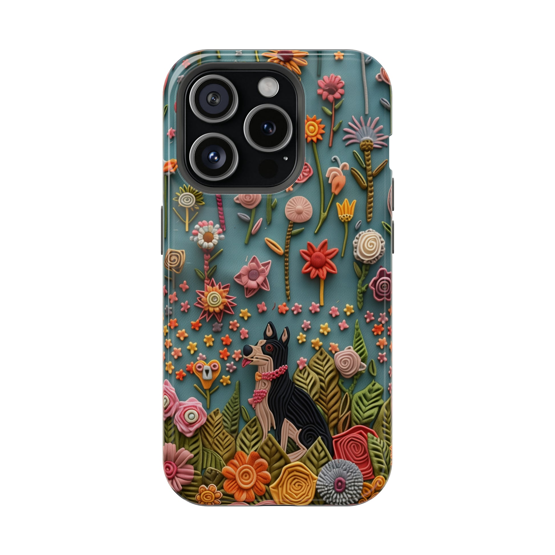 MagSafe Tough Case - Dog and Flowers 3D Embroidered Design Dog iPhone Case - Pets on Merch