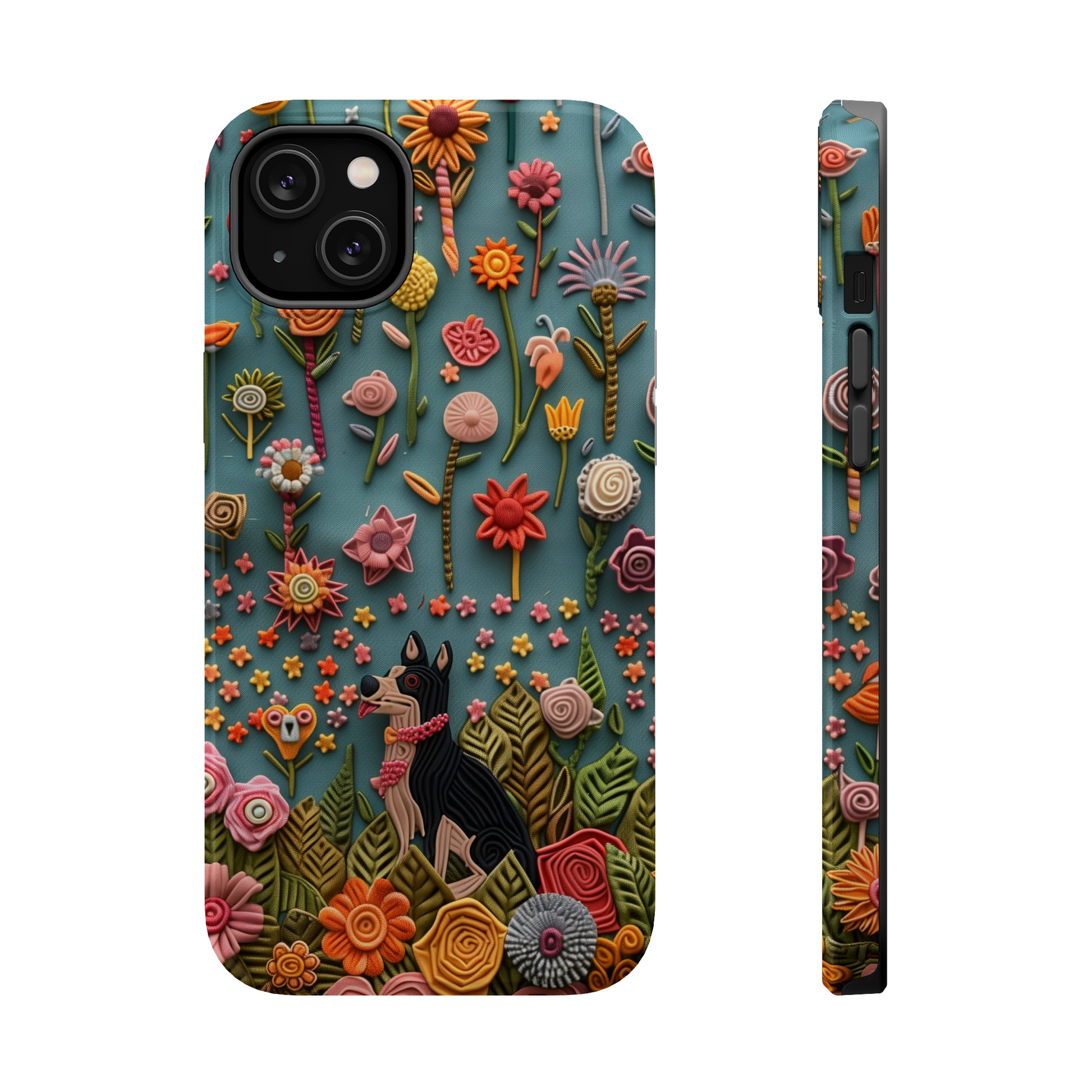 MagSafe Tough Case - Dog and Flowers 3D Embroidered Design Dog iPhone Case - Pets on Merch