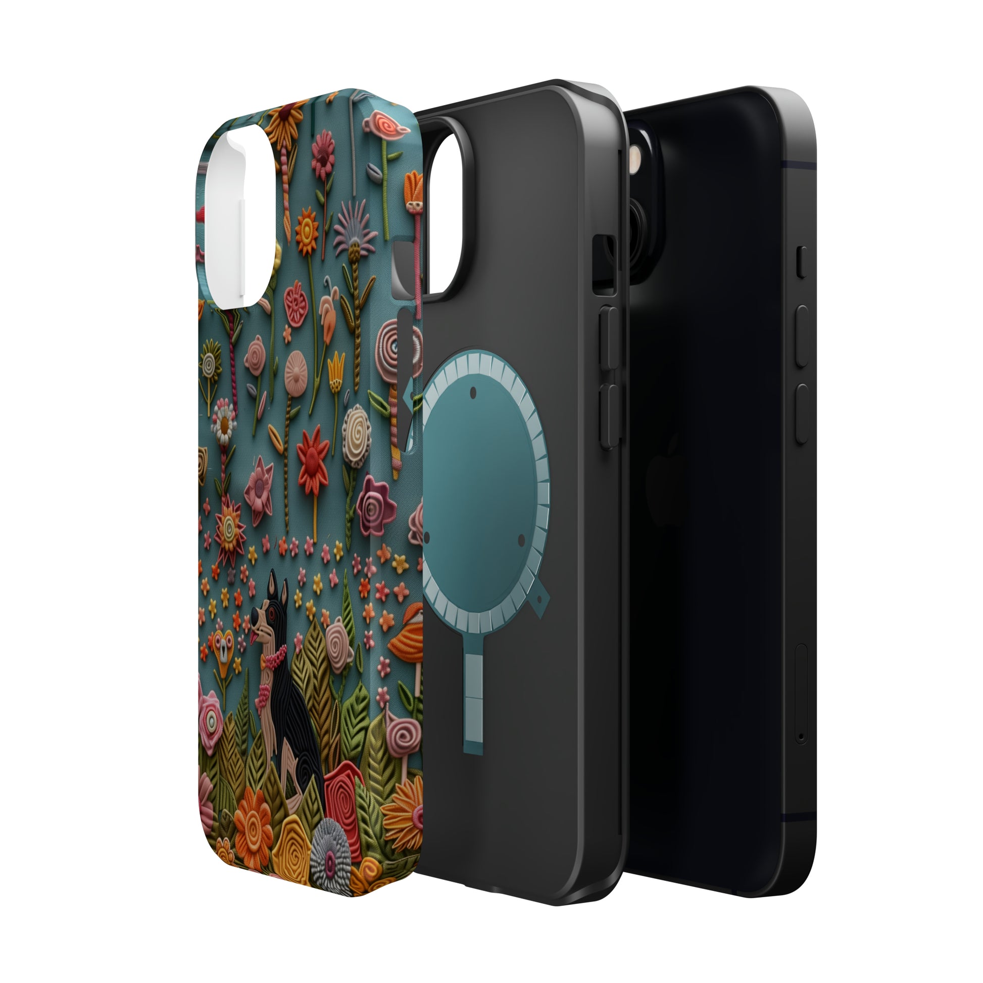 MagSafe Tough Case - Dog and Flowers 3D Embroidered Design Dog iPhone Case - Pets on Merch