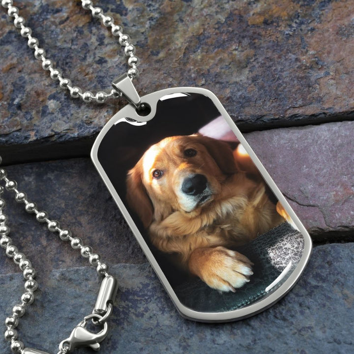 Rainbow Bridge Personalized Pet Memorial Photo Dog Tag | Customizable Keepsake for Men Luxury Dog Tag Necklace Military Chain / No