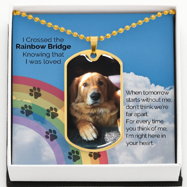 Rainbow Bridge Personalized Pet Memorial Photo Dog Tag | Customizable Keepsake for Men Luxury Dog Tag with Military Chain (Gold Finish) / Yes