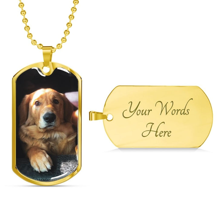 Rainbow Bridge Personalized Pet Memorial Photo Dog Tag | Customizable Keepsake for Men Luxury Dog Tag with Military Chain (Gold Finish) / Yes